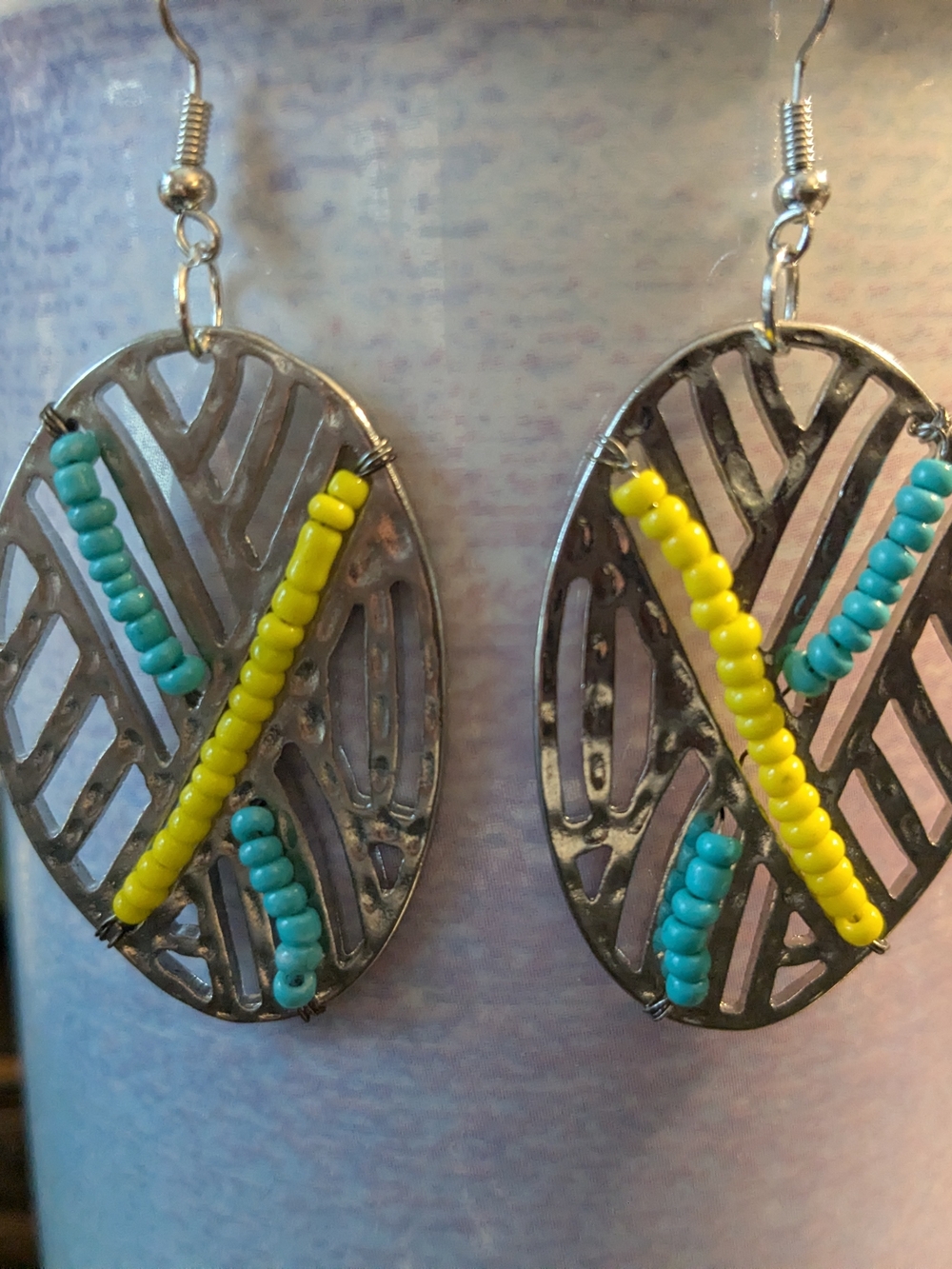 Beaded Oval Drop Earrings - Yellow & Teal
